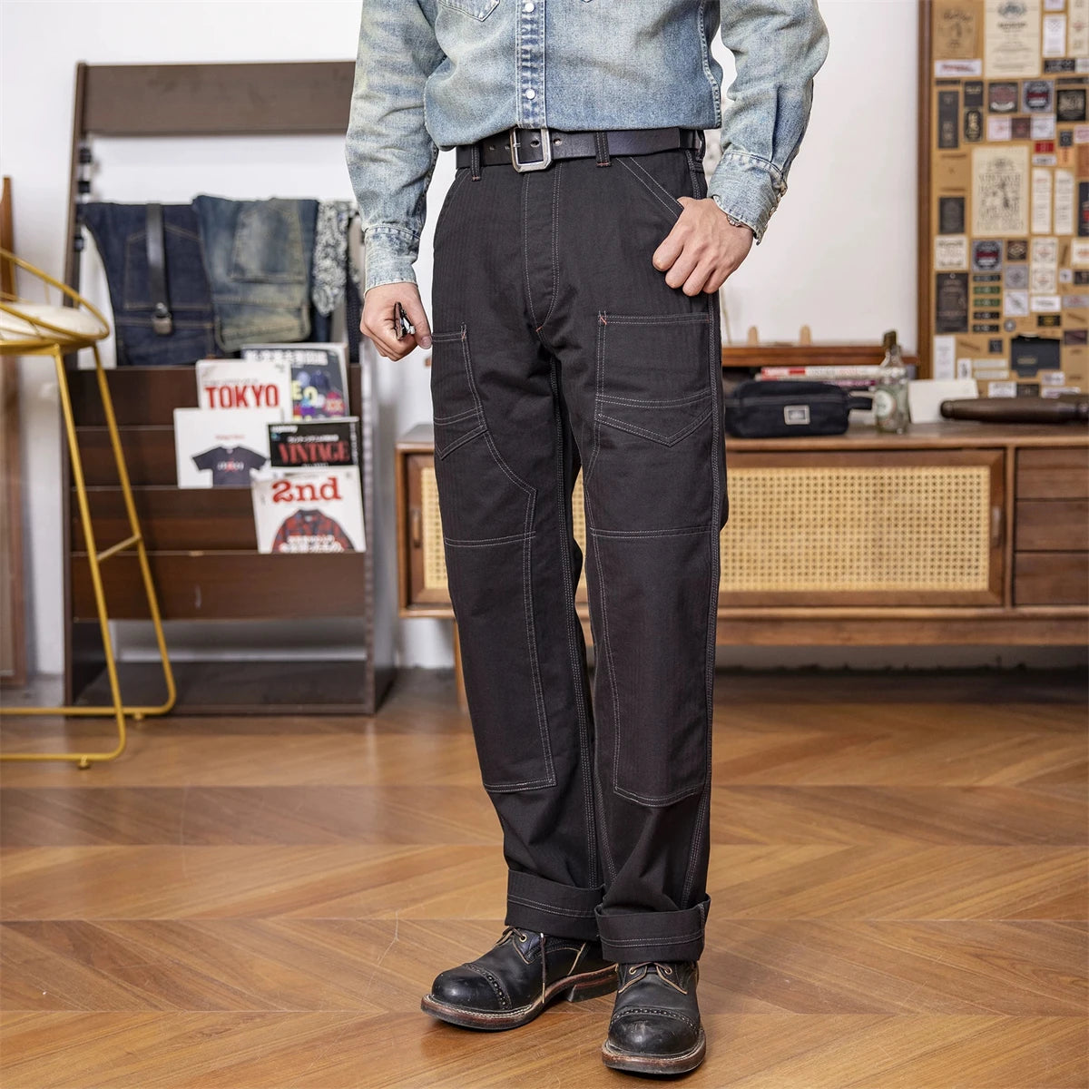 Black Herringbone Work Overalls