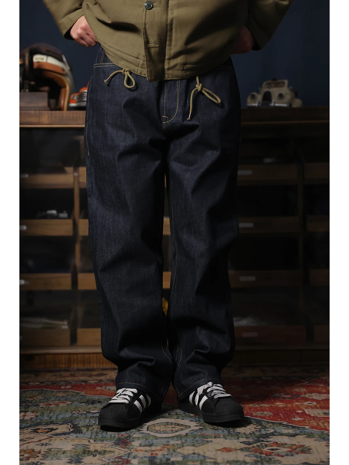 Cinch Back Raw Denim Jeans