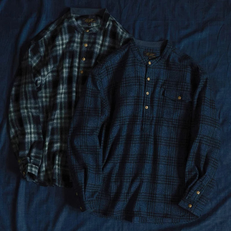 Band Collar Plaid Flannel Shirt