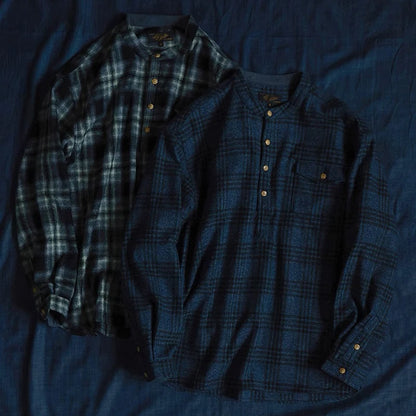 Band Collar Plaid Flannel Shirt