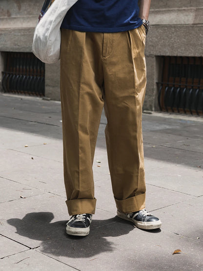 Pleated Straight Khaki Slacks