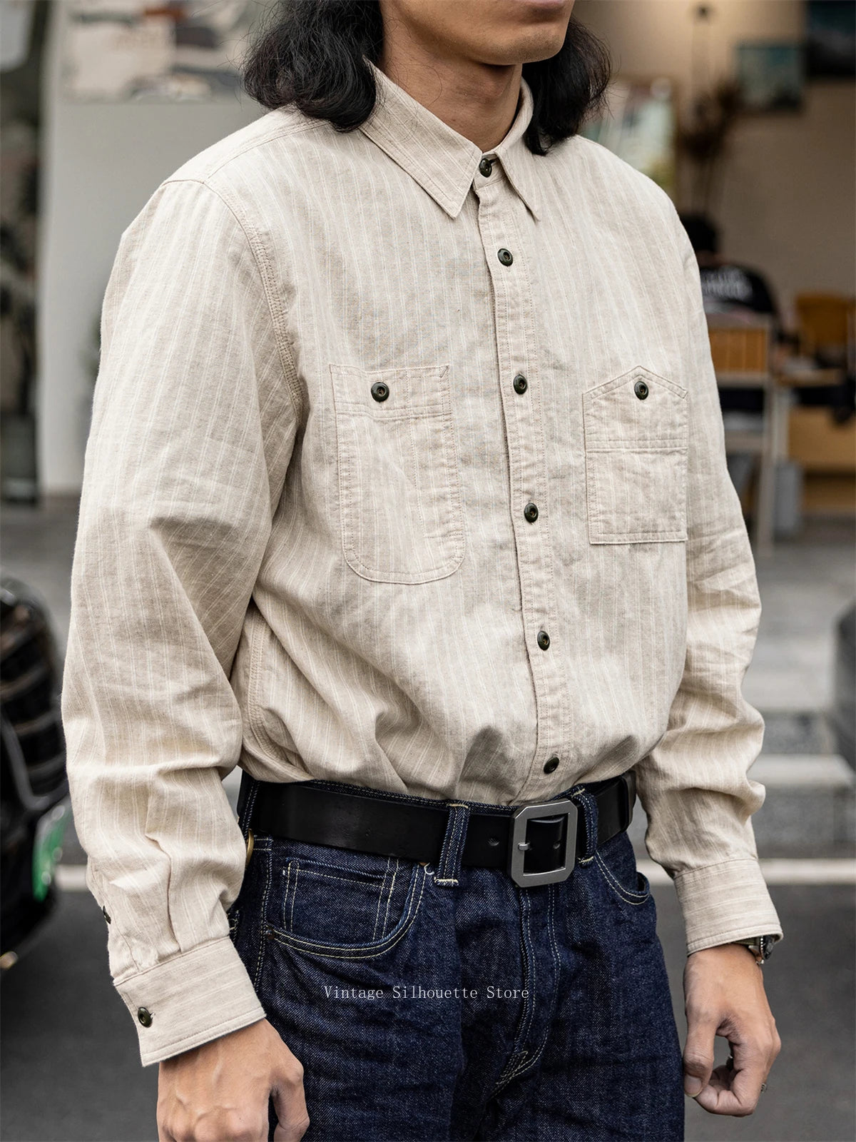 Cotton Linen Stripe Work Shirt