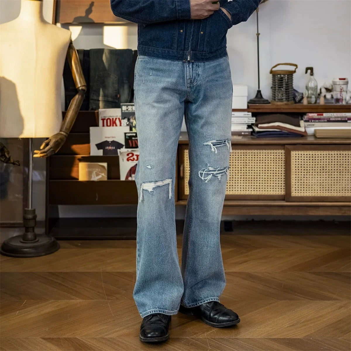 Light Wash Ripped Bootcut Jeans