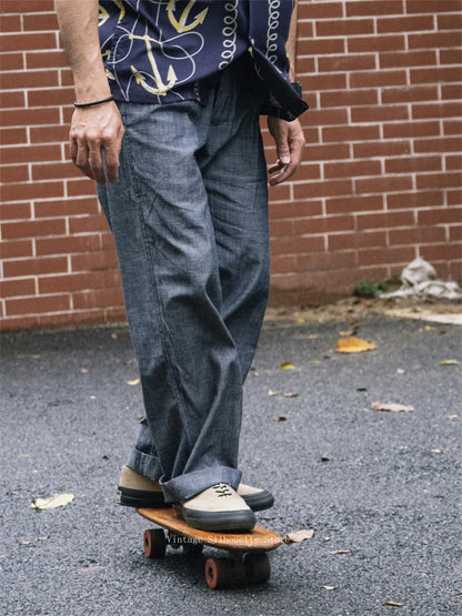 Chambray Pleated Loose Trousers