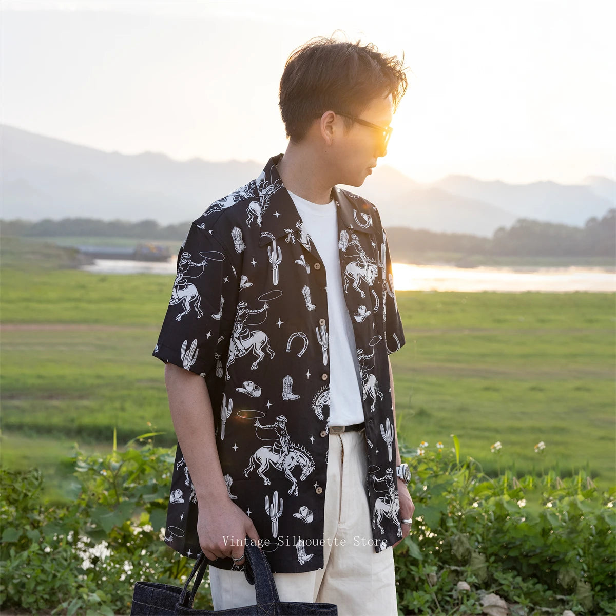 Black Cowboy Print Hawaiian Shirt