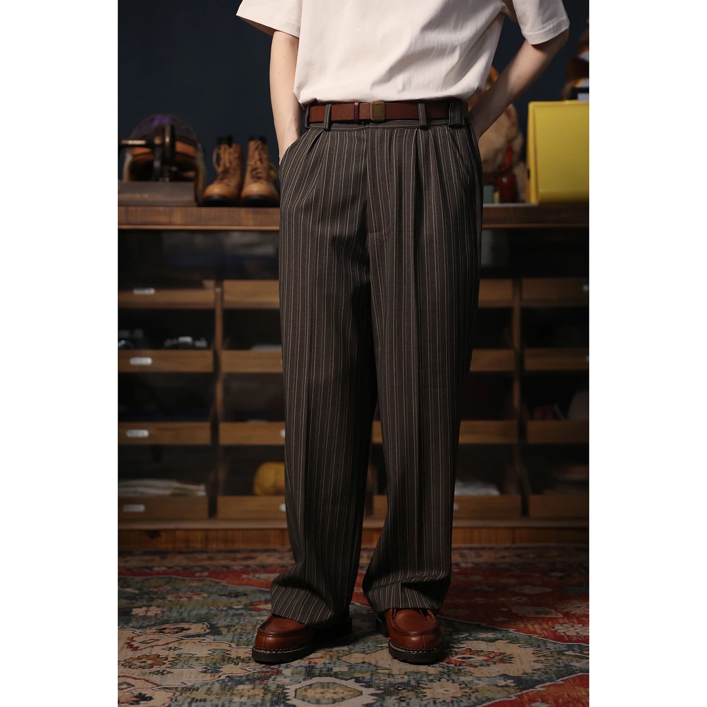 Pinstripe Pleated Suit Trousers