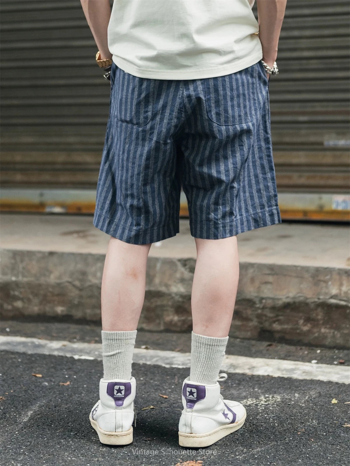Striped Chambray Pleated Shorts